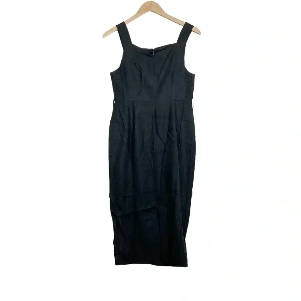 Asos Black Linen Square Neck Dress Size 6 Sleeveless With Belt